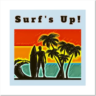 Surf's Up! (surfer, surfboard, palmtrees, waves, sunset) Posters and Art